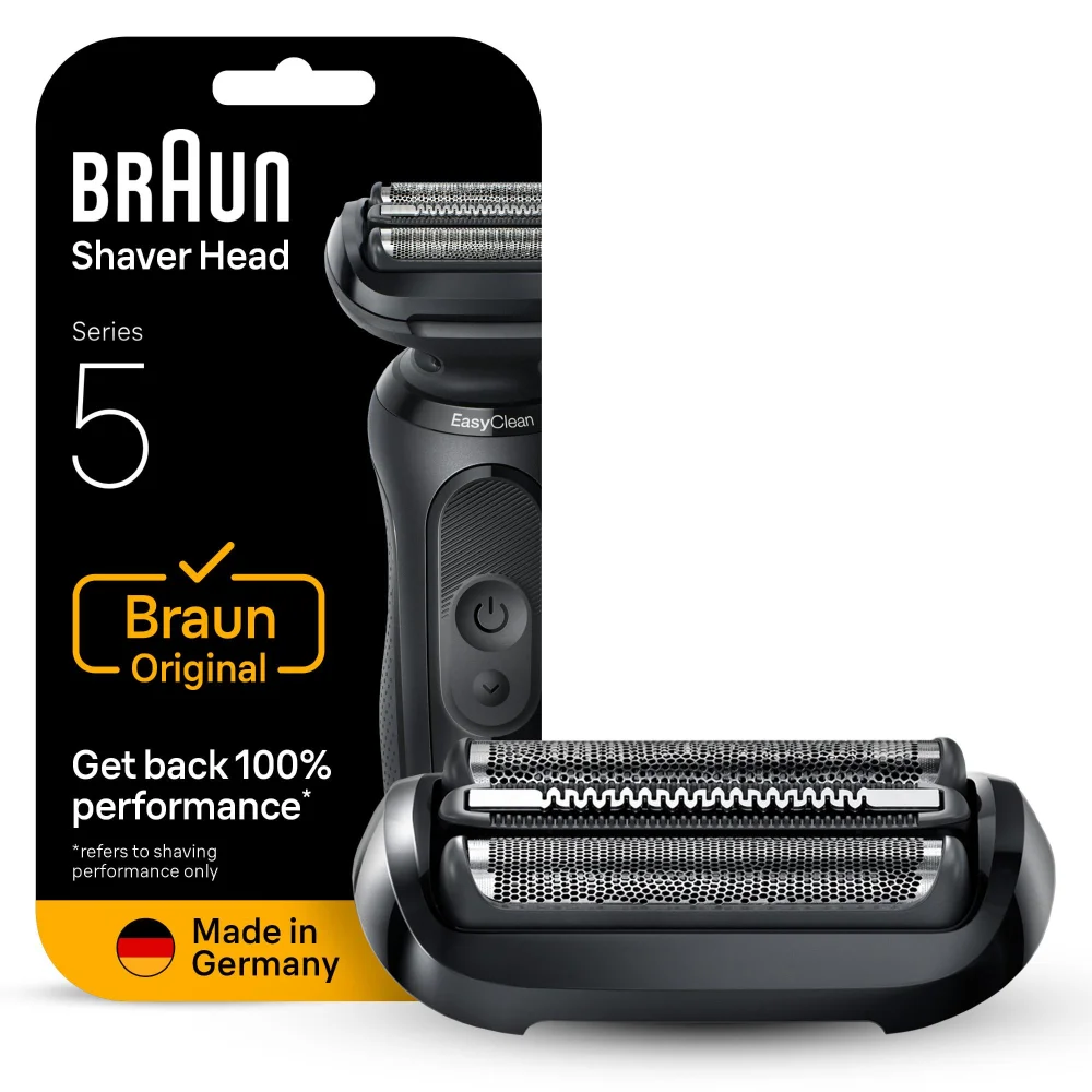 Braun Series 5 Shaver Head and packaging, highlighting 'Get back 100% performance' claim.