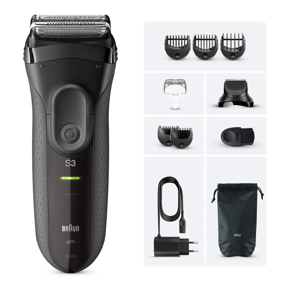 Braun Series 3 3000s electric shaver with multiple attachments and accessories.