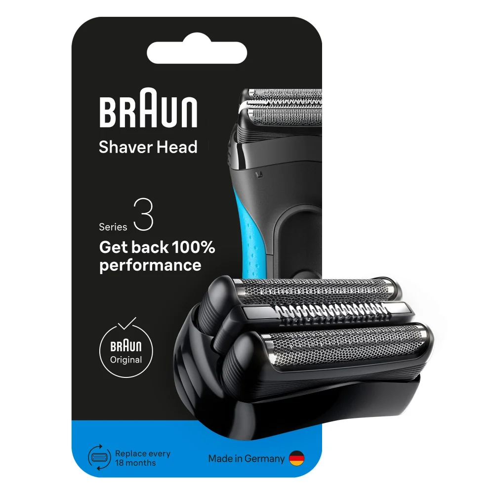 Braun Shaver Head Series 3 packaging, highlighting 'Get back 100% performance'.
