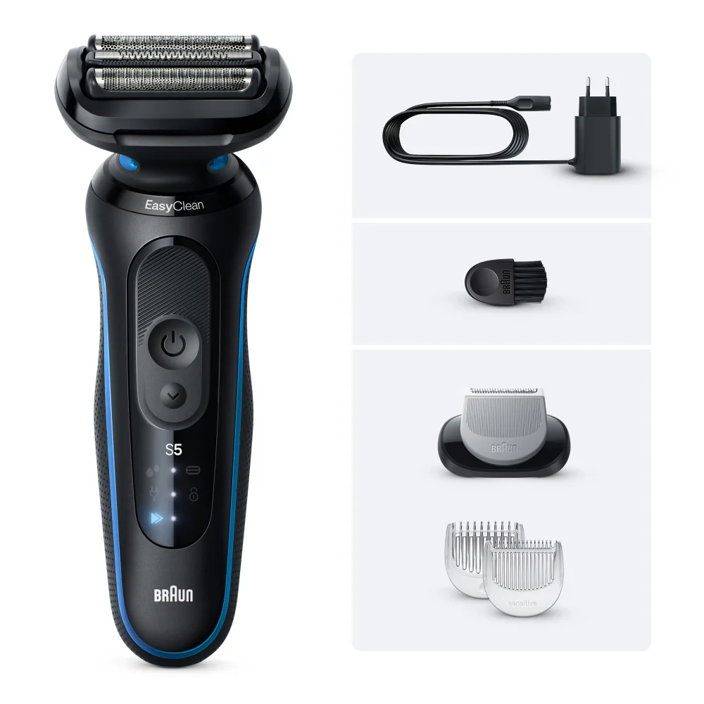 Braun Series 5 EasyClean shaver and its full set of grooming attachments.