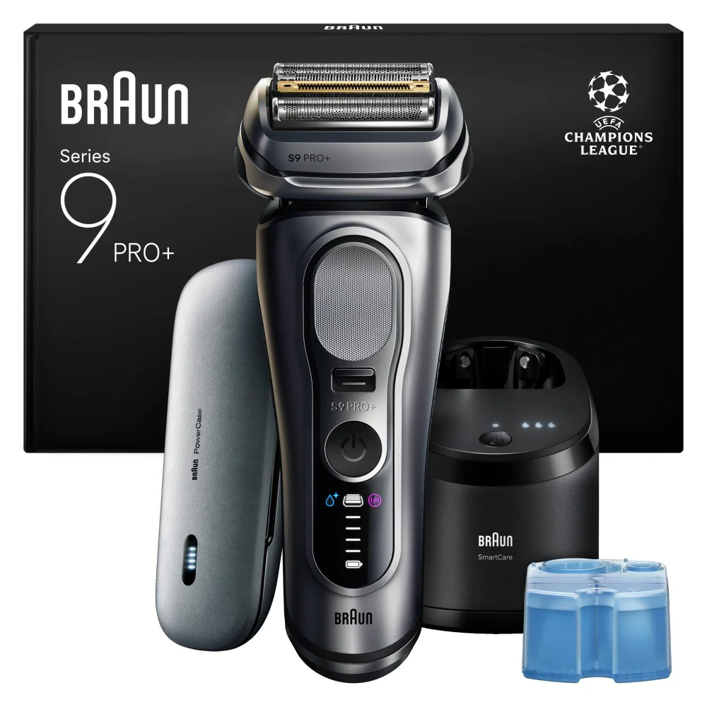 Braun Series 9 Pro+ shaver, PowerCase, SmartCare station, and cleaning cartridge.