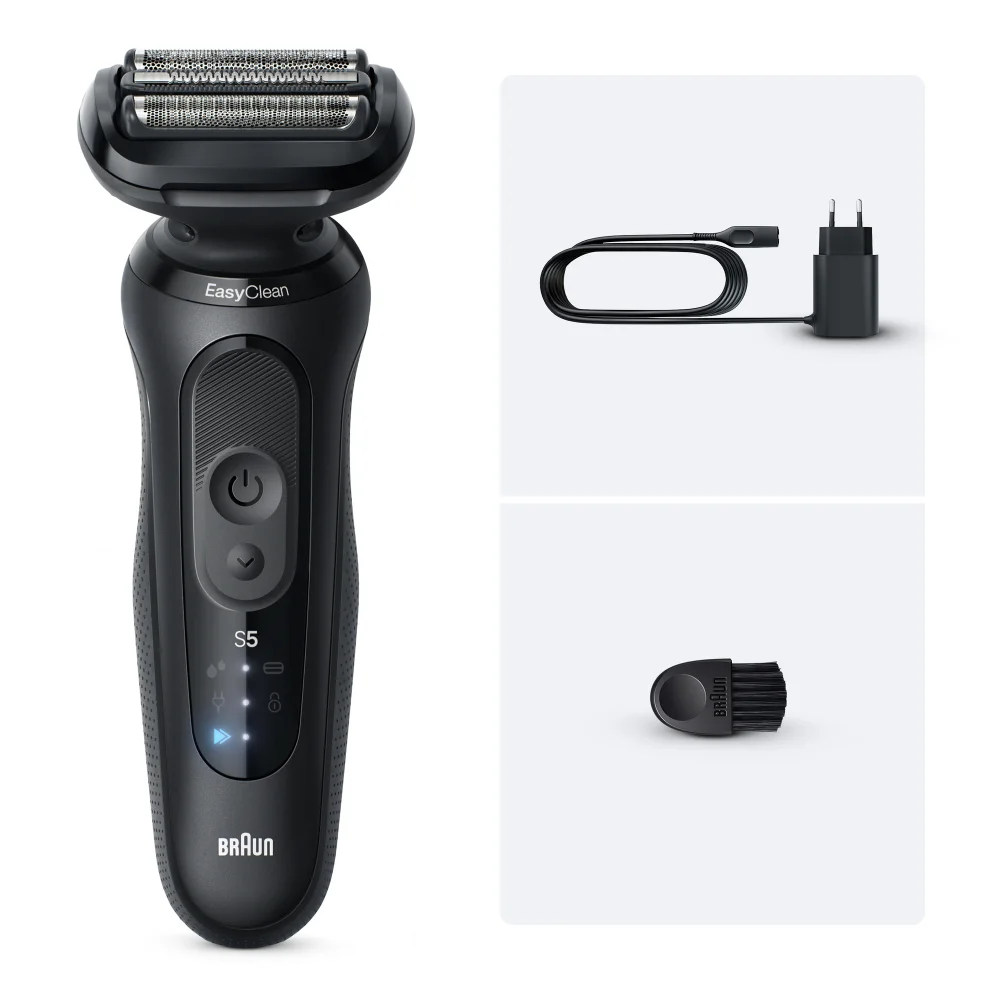 Braun Series 5 electric shaver with EasyClean, power adapter, and cleaning brush.
