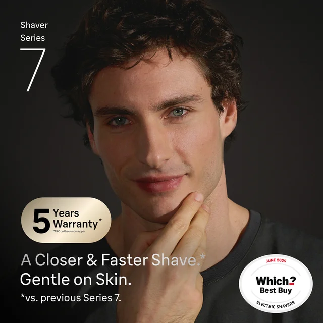 Braun Series 7 shaver provides a closer, faster shave that is gentle on skin, as shown by a man touching his smooth face