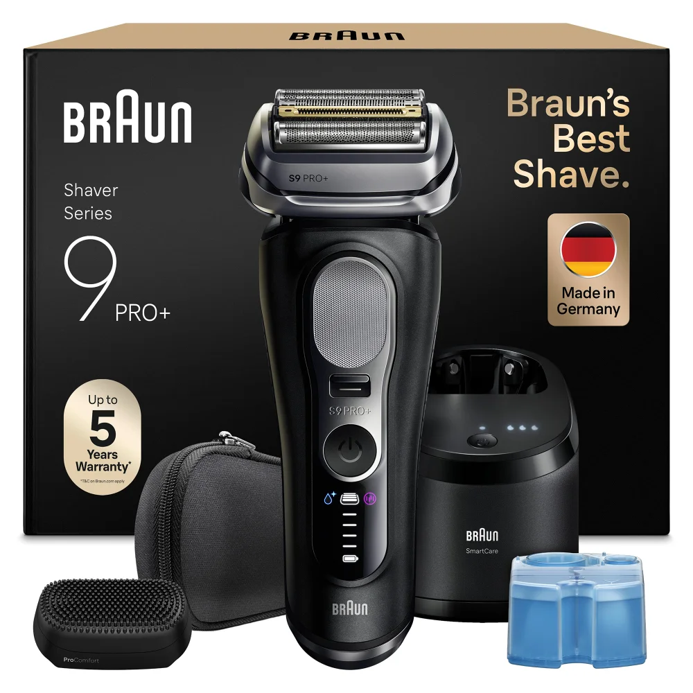 Braun Shaver Series 9 PRO+ 9690cce with travel case and 6 in 1 SmartCare Center, box states Braun’s Best Shave.