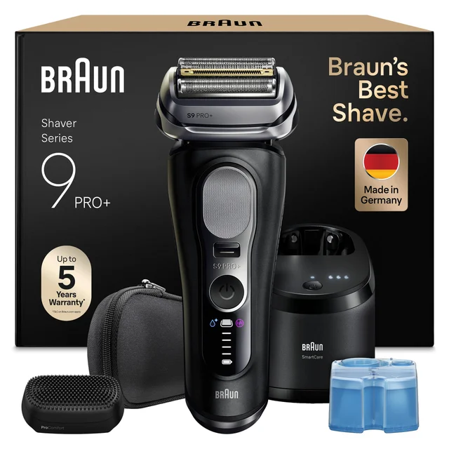 Braun Shaver Series 9 PRO+ 9690cce with travel case and 6 in 1 SmartCare Center, box states Braun’s Best Shave.