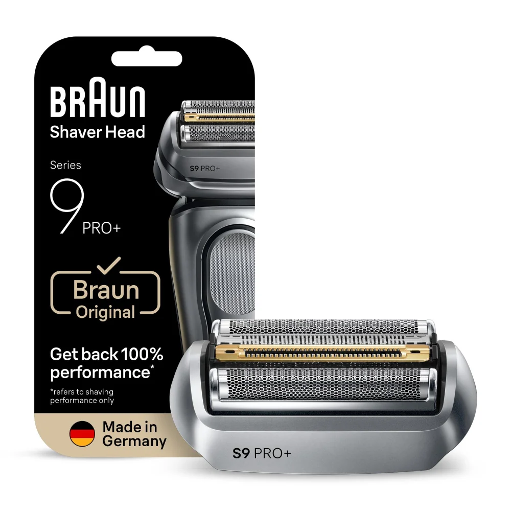 Braun Series 9 PRO+ Shaver Head packaging, highlighting 'Get back 100% performance'.