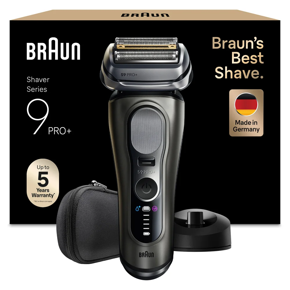 Braun Shaver Series 9 PRO+ 9615s with charging stand and case, box states Braun’s Best Shave.