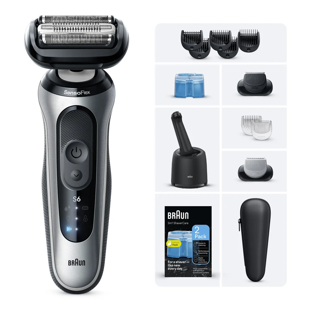 Braun S6 SensoFlex electric shaver with comprehensive grooming accessories, including cleaning system.