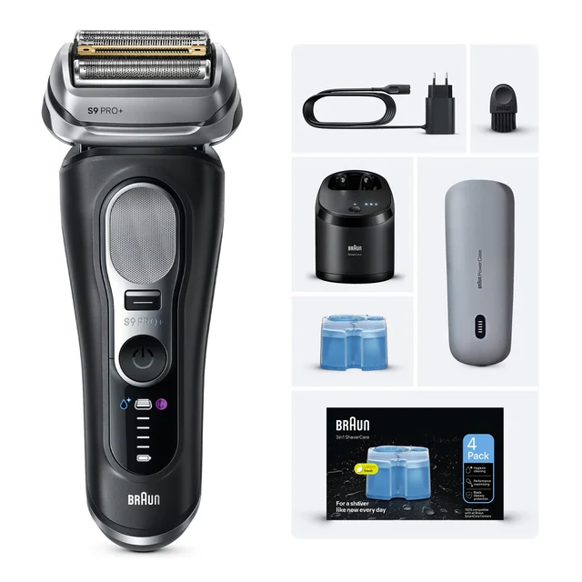 Braun S9 PRO+ shaver, SmartCare station, PowerCase, and a 4-pack of cleaning cartridges.