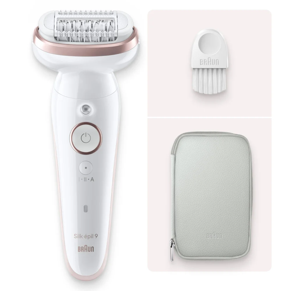 Braun Silk-épil 9 epilator shown with cleaning brush and travel pouch.