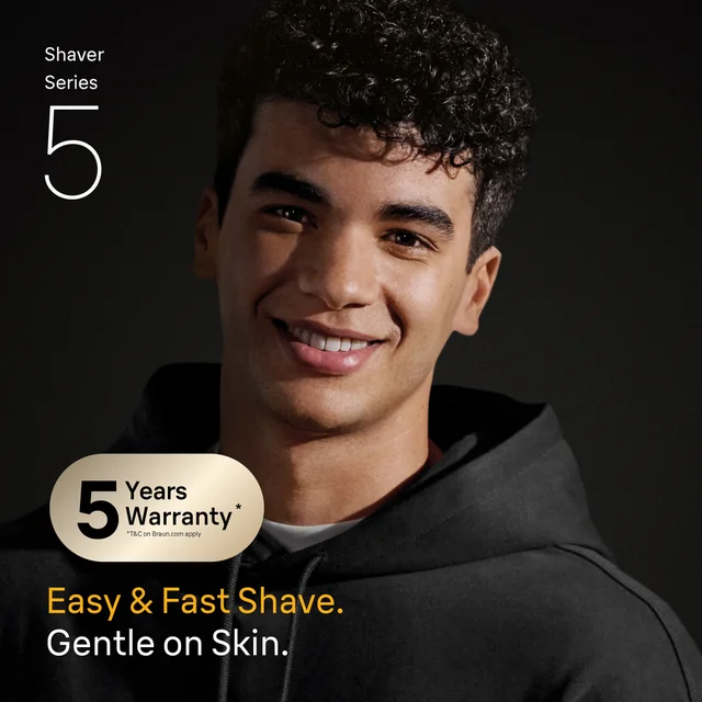 Braun Series 5 shaver promises an easy, fast shave that is gentle on the skin, as shown by a smiling man.