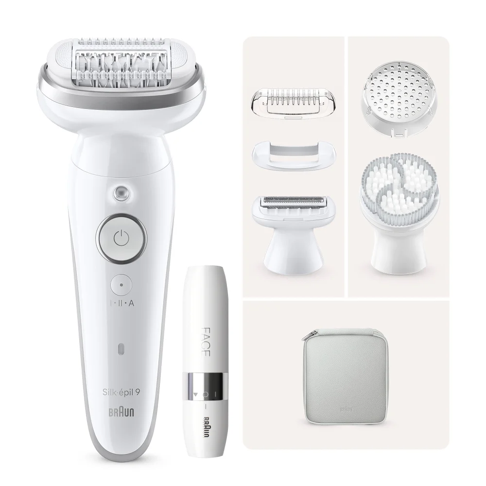 Braun Silk-épil 9 epilator and facial epilator with multiple attachments and case.