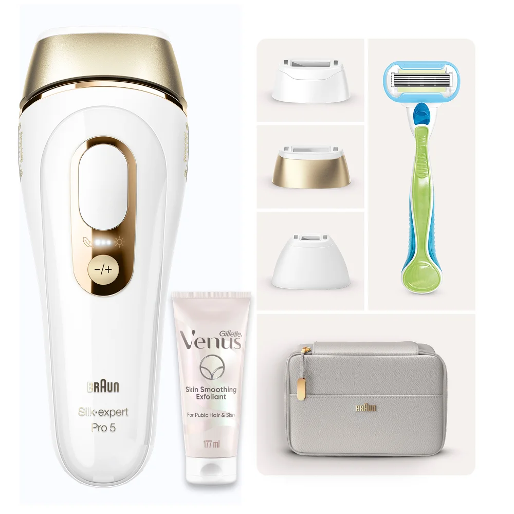 Braun Silk-expert Pro 5 IPL device kit with Gillette Venus razor, exfoliant & travel case.