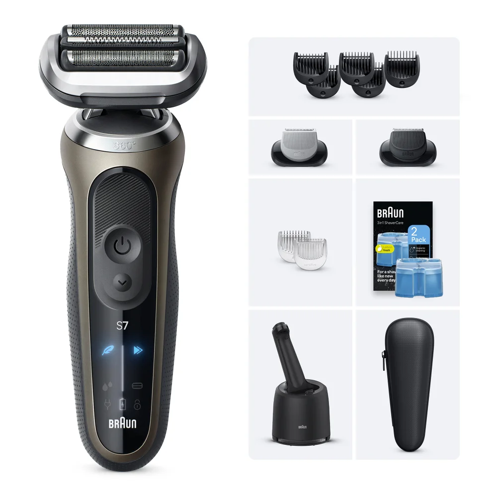 Braun Series 7 S7 shaver with multiple attachments, combs and 3-in-1 ShaverCare solution.