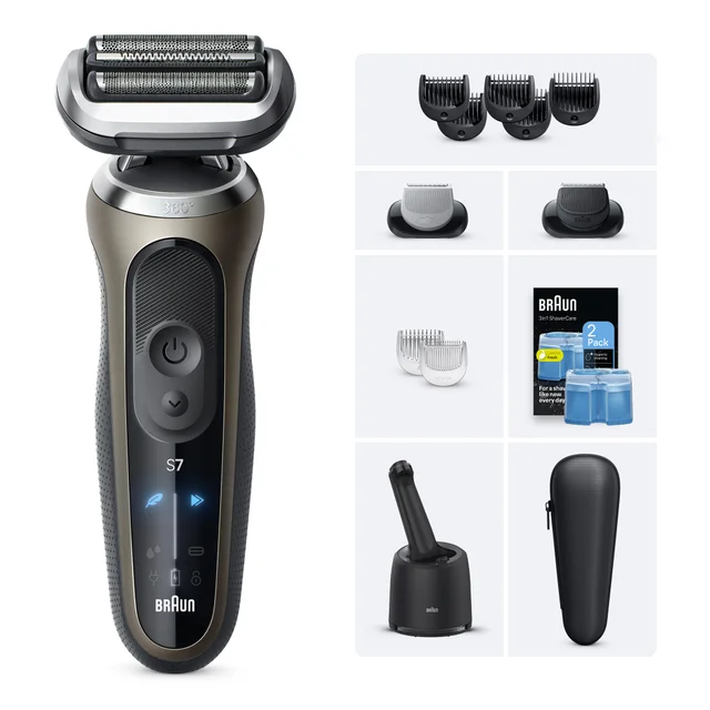 Braun Series 7 S7 shaver with multiple attachments, combs and 3-in-1 ShaverCare solution.