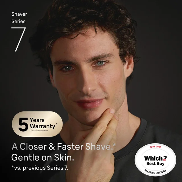 Braun Shaver Series 7, highlighting 'Which? Best Buy Electric Shavers' award.