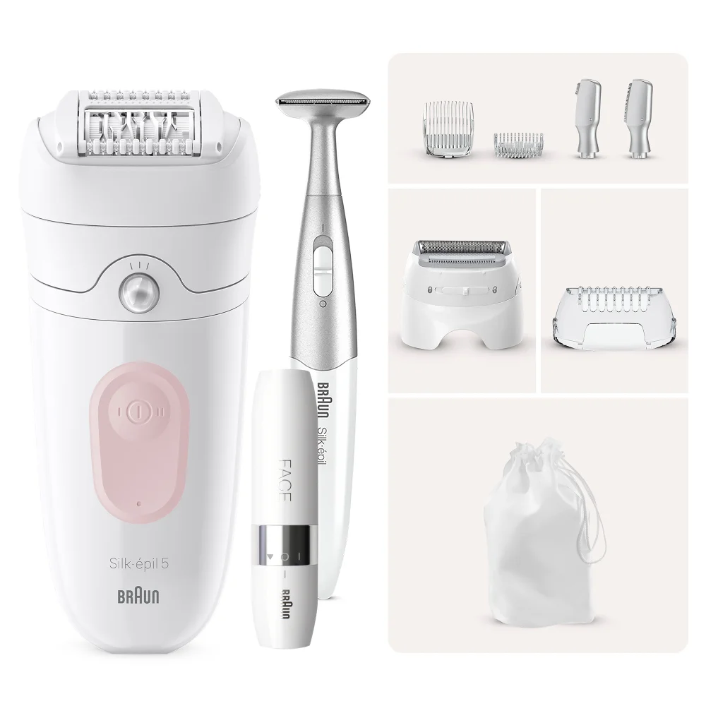 Braun Silk-épil 5 epilator with shaver, facial trimmer, multiple heads, and storage pouch.