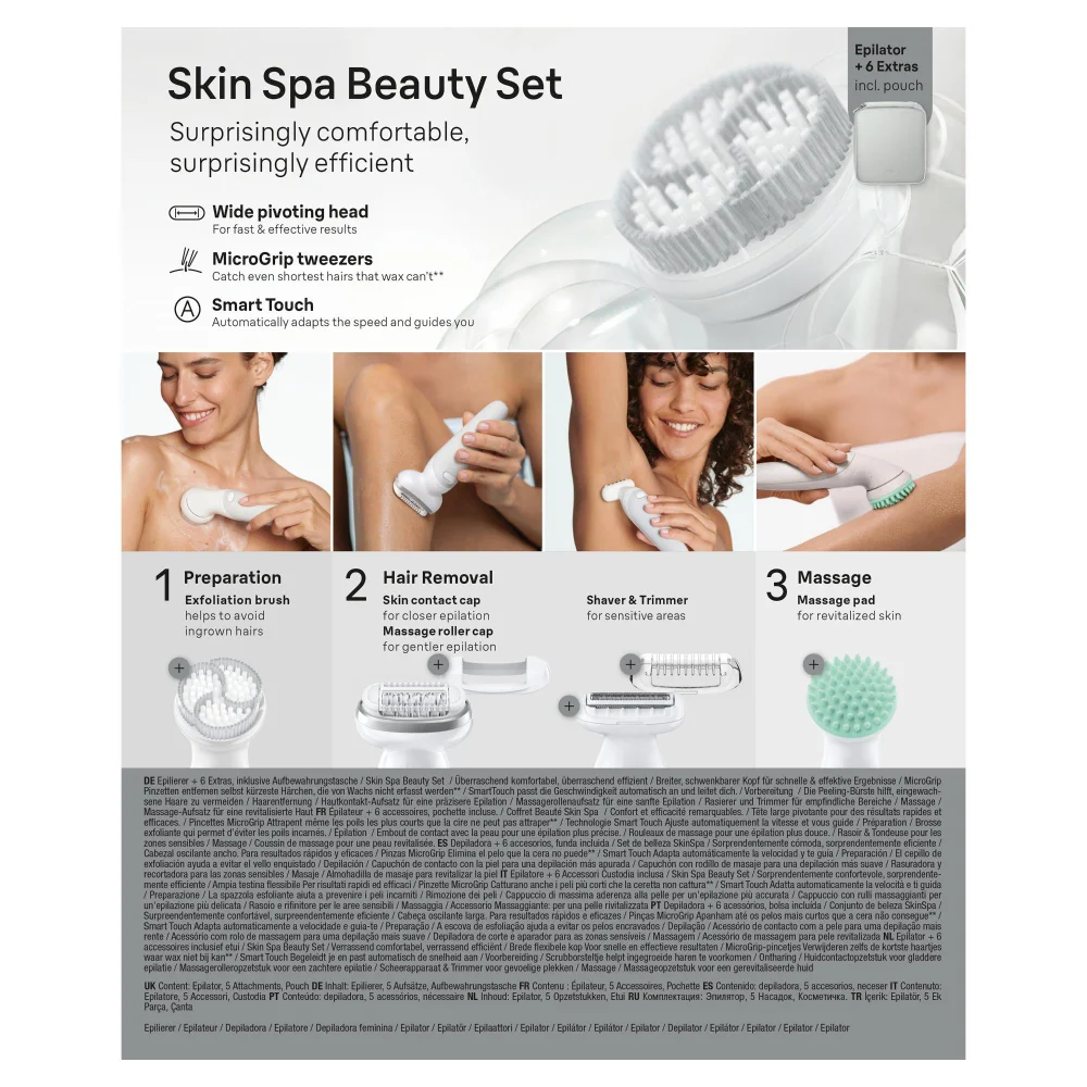 Braun Skin Spa Beauty Set epilator, highlighting 6 extras and included storage pouch.