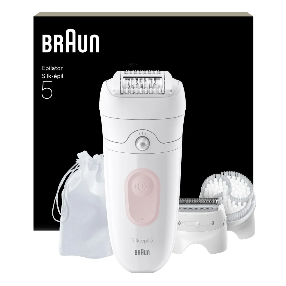 Braun Silk-épil 5 Epilator, box, and accessories including shaver and brush heads.