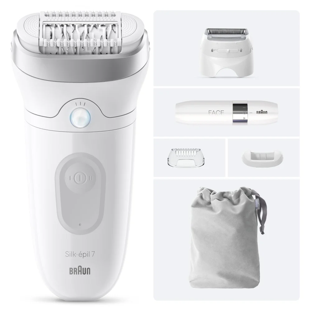 Braun Silk-épil 7 epilator and its versatile attachments, including shaver and face heads.