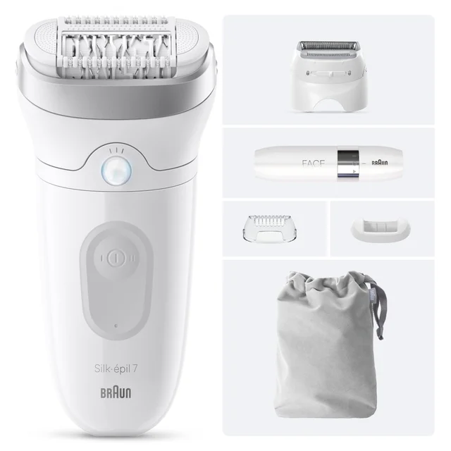 Braun Silk-épil 7 epilator and its versatile attachments, including shaver and face heads.