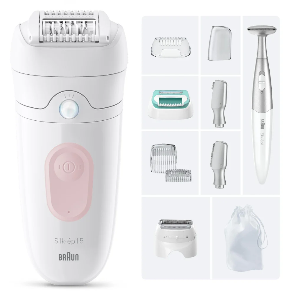 Braun Silk-épil 5 epilator with its various caps, attachments, body trimmer, and storage pouch.