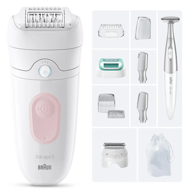 Braun Silk-épil 5 epilator with its various caps, attachments, body trimmer, and storage pouch.