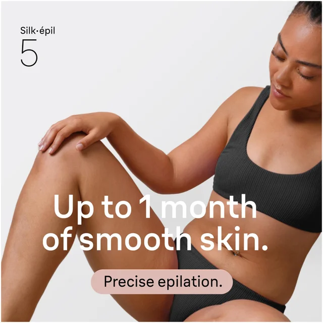 Braun Silk-épil 5: Woman with smooth skin, highlighting 'Up to 1 month of smooth skin' benefit.