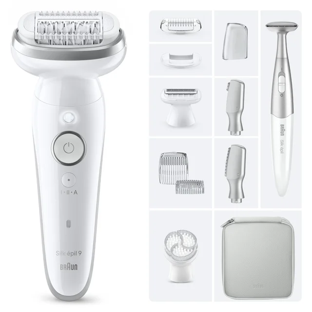 Braun Silk-épil 9 epilator, showcasing its full accessory set and trimmer.