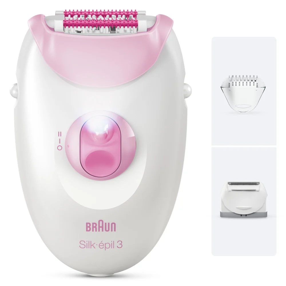 Braun Silk-épil 3 epilator with massage cap and shaver head attachments.