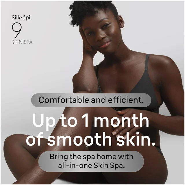 Woman demonstrating 'Up to 1 month of smooth skin' benefit of Braun Silk-épil 9 Skin Spa.
