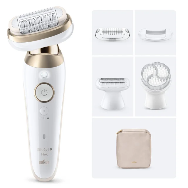 Braun Silk-épil 9 Flex epilator shown with its shaver head, trimming comb, brush, and pouch.