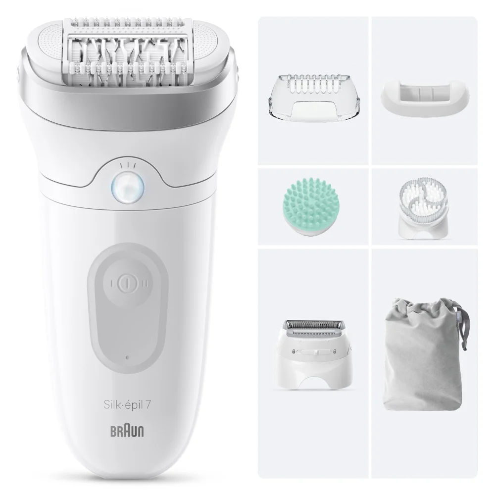 Braun Silk-épil 7 epilator, shown with its five interchangeable heads and pouch.