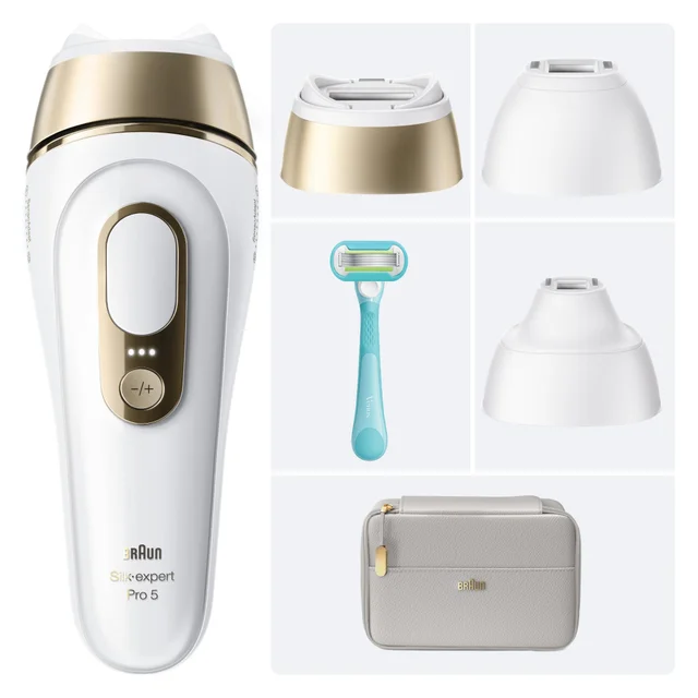 Braun Silk-expert Pro 5 IPL hair removal device with precision heads, Gillette Venus razor & pouch.
