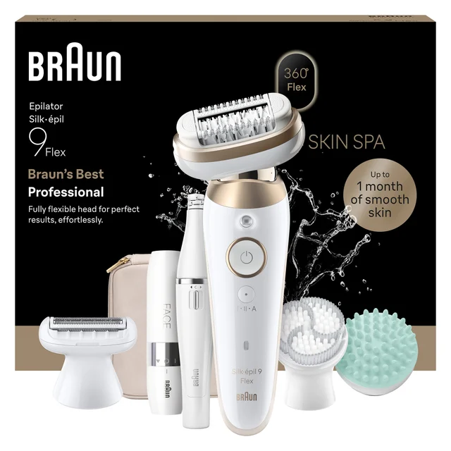 Silk-épil 9 Flex with pouch, exfoliation brush, shaver head, body trimmer, face epilator, massage pad and black Packaging behind renderings.
