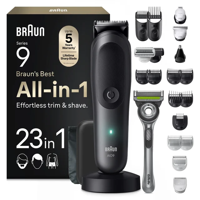 Image of Braun All-in-One Trimmer AIO9560 showing device and outer packaging