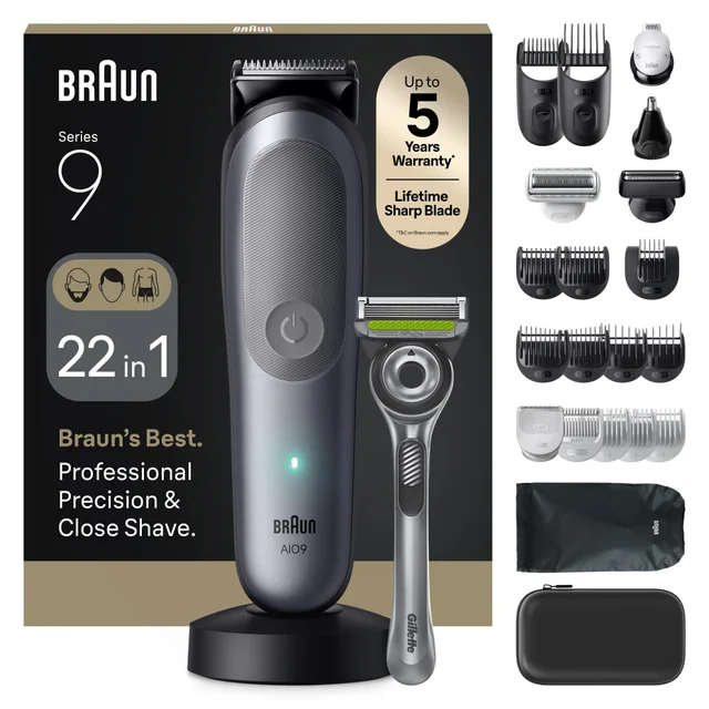 Image of Braun All-in-One Trimmer AIO9545 SBOX showing device and outer packaging