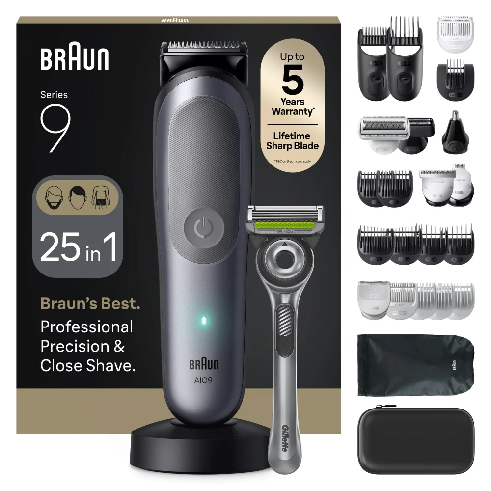 Image of Braun All-in-One Trimmer AIO9565 SBOX showing device and outer packaging