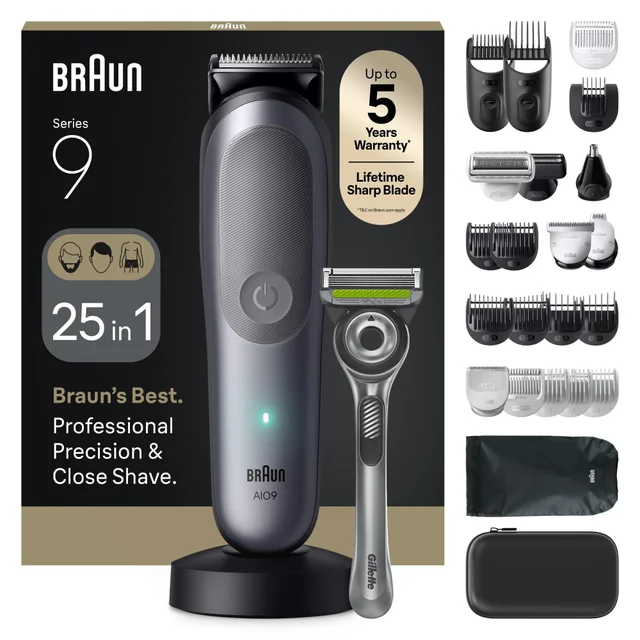 Image of Braun All-in-One Trimmer AIO9565 SBOX showing device and outer packaging