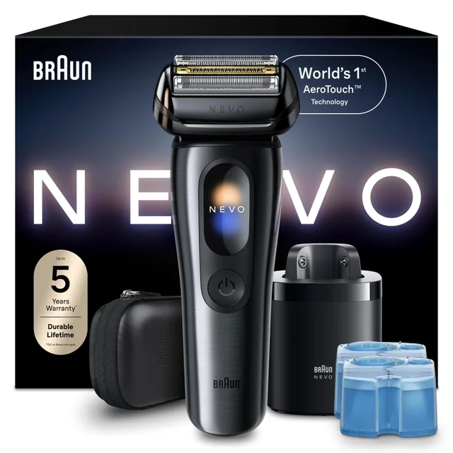 Image of Braun NEVO15115C SBOX Electric Shaver showing device and outer packaging