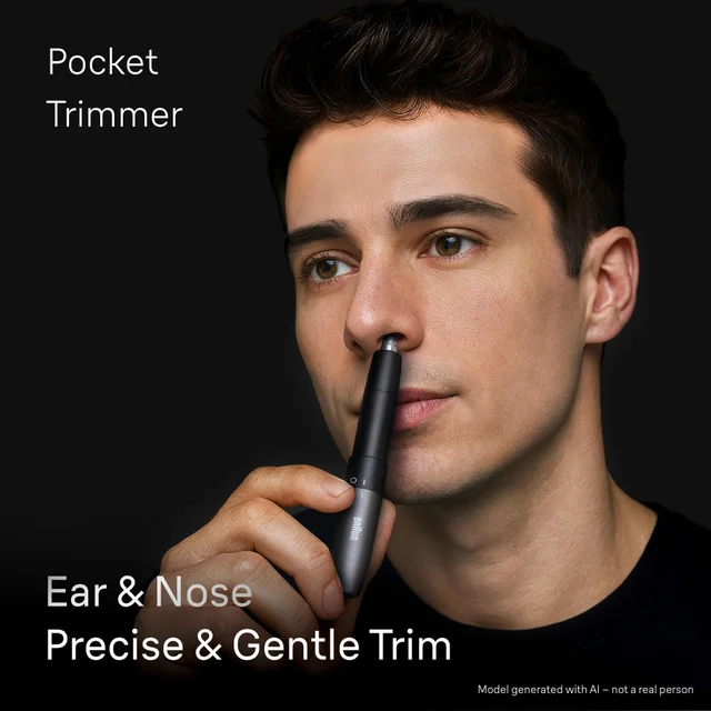Man trimming his nose hair with Braun Ear & Nose Trimmer. Model generated with AI - not a real person