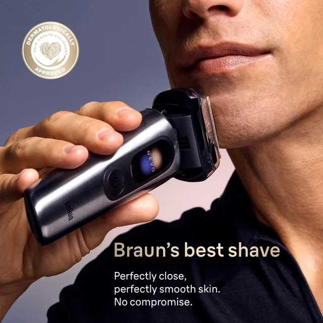 Man shaving his chin with Braun NEVO shaver, "dermatology approved" badge shown
