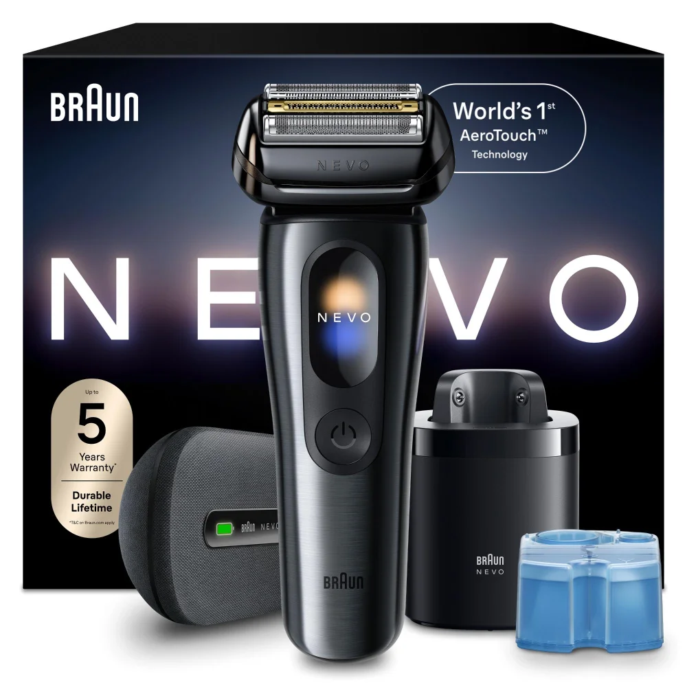 Image of Braun NEVO17015C SBOX Electric Shaver showing device and outer packaging