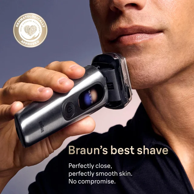 Man shaving his chin with Braun NEVO shaver, "dermatology approved" badge shown