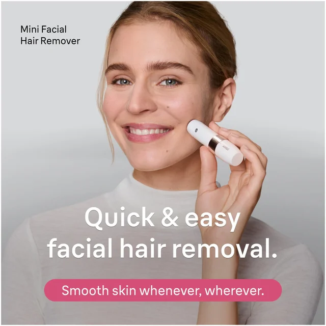 Woman using the Mini Facial Hair Remover on the cheek and smiling with claim "Quick & easy facial hair removal."