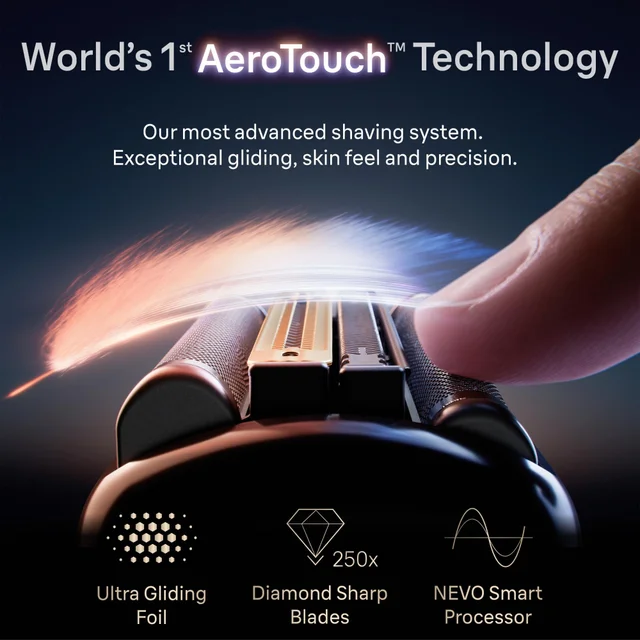 Finger touching Braun NEVO shaver head showcasing AeroTouch technology and other benefits.