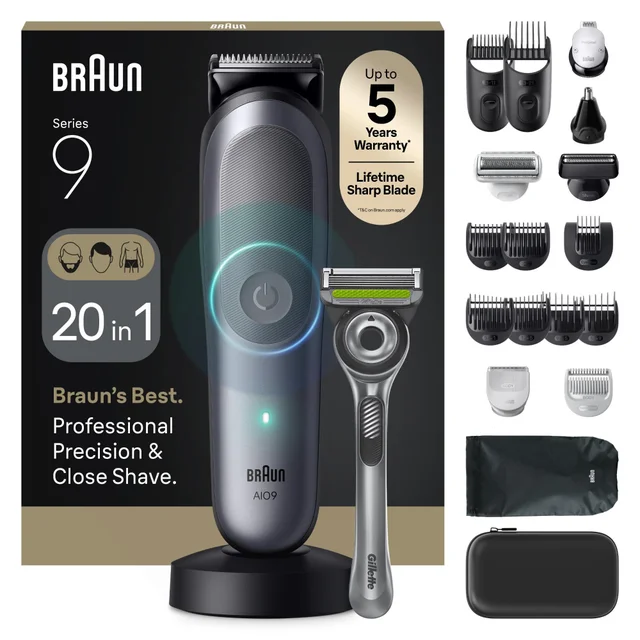Image of Braun All-in-One Trimmer AIO9540 showing device and outer packaging