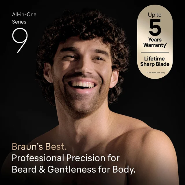 Man smiling with Braun All-in-One Series 9, highlighting precision grooming and body gentleness.