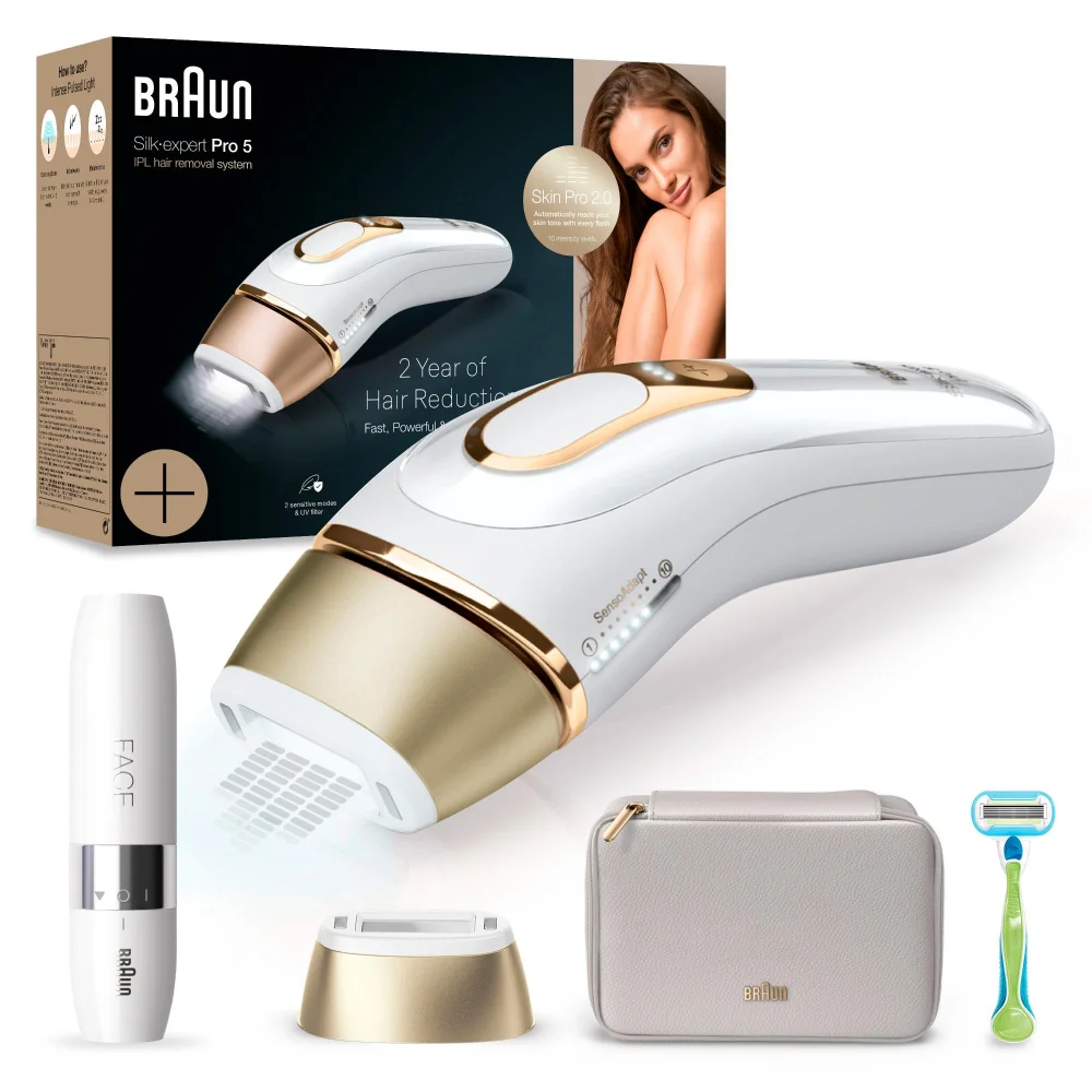 Braun Silk-expert Pro 5 IPL hair removal system and packaging, showing 2 Year Hair Reduction.