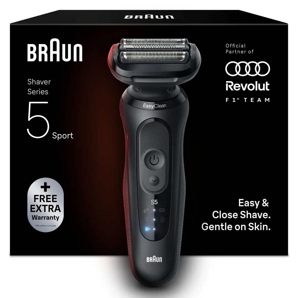 Braun Series 5 shaver promises an easy, fast shave that is gentle on the skin, as shown by a smiling man. [